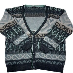 Vintage Cardigan Sweater Men Gray Blue 80s 90s Grandpa Biggie Cosby Geometric